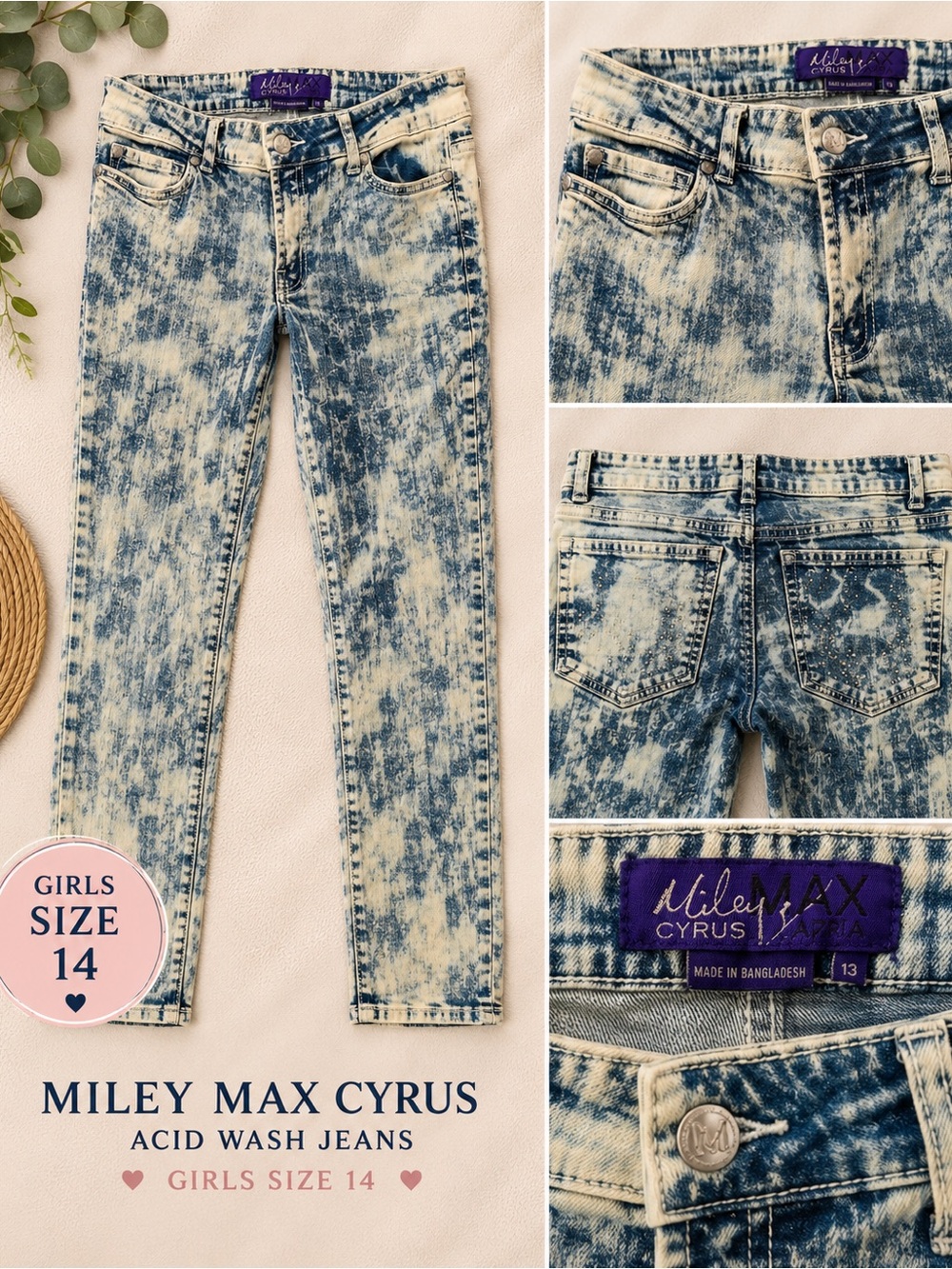 Miley Cyrus & Max Azria Acid-Wash Skinny Jeans in Blue and Cream